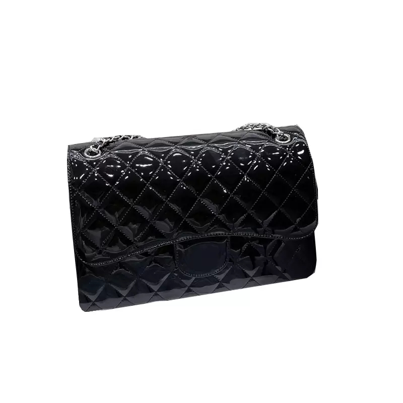 

Maxi Jumbo Quilted Patent Leather Bags Shiny Classic Double Flap Totes Rectangle Luggage Silver Metal Hardware Matelasse Chain Handbags, Black