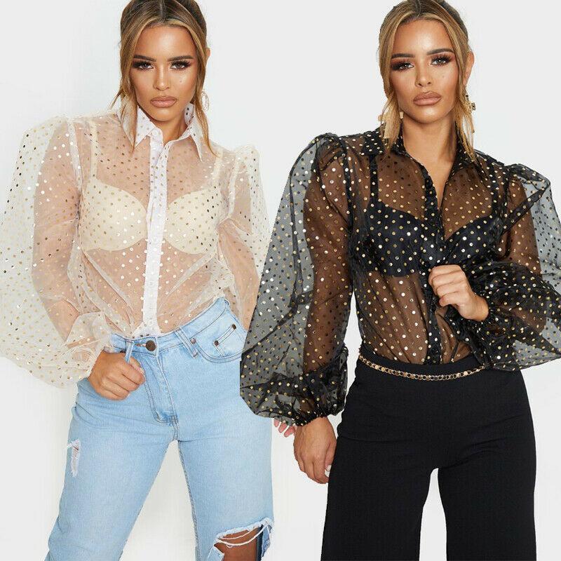 

Women Mesh Sheer Blouse See-through Puff Long Sleeve Fashion Sequins Dots Print Transparent Shirt Female Blusas Tops Women' Blouses, White