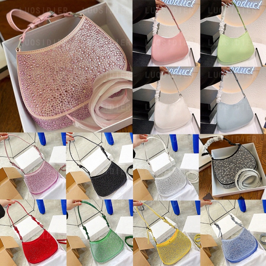 

Cleo Brushed Leather Shoulder Bag Sequined Satin Bag with Crystals Logo Enameled Metal Triangle Crosssbody Purse Wallet Designer Luxury Hobo Handbag