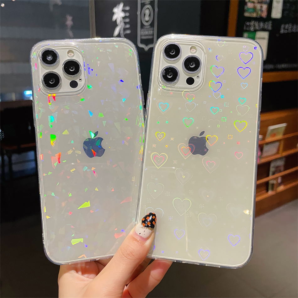 

Aurora Clear Phone Cases for iPhone 13 12 11 pro max XS XR 7/8 plus Transparent TPU cover with OPP bag, Heart shape