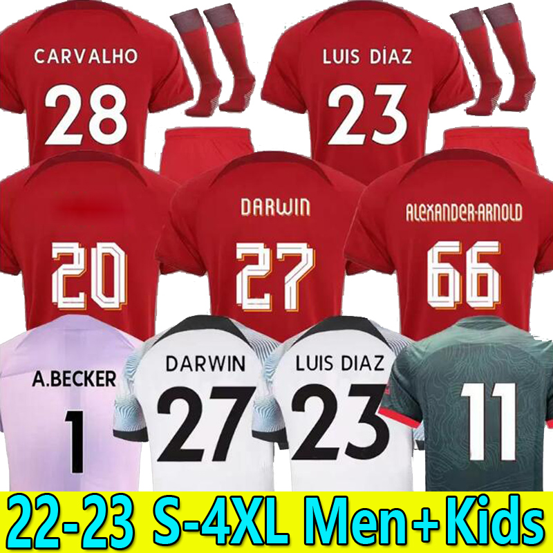 

S-4XL 22 23 Men Women kids kit soccer jerseys LUIS DIAZ Home red DARWIN XXXXL Away goalkeeper purple 2022 2023 ALEXANDER-ARNOLD football shirts uniforms socks, 22/23 goalkeeper 3