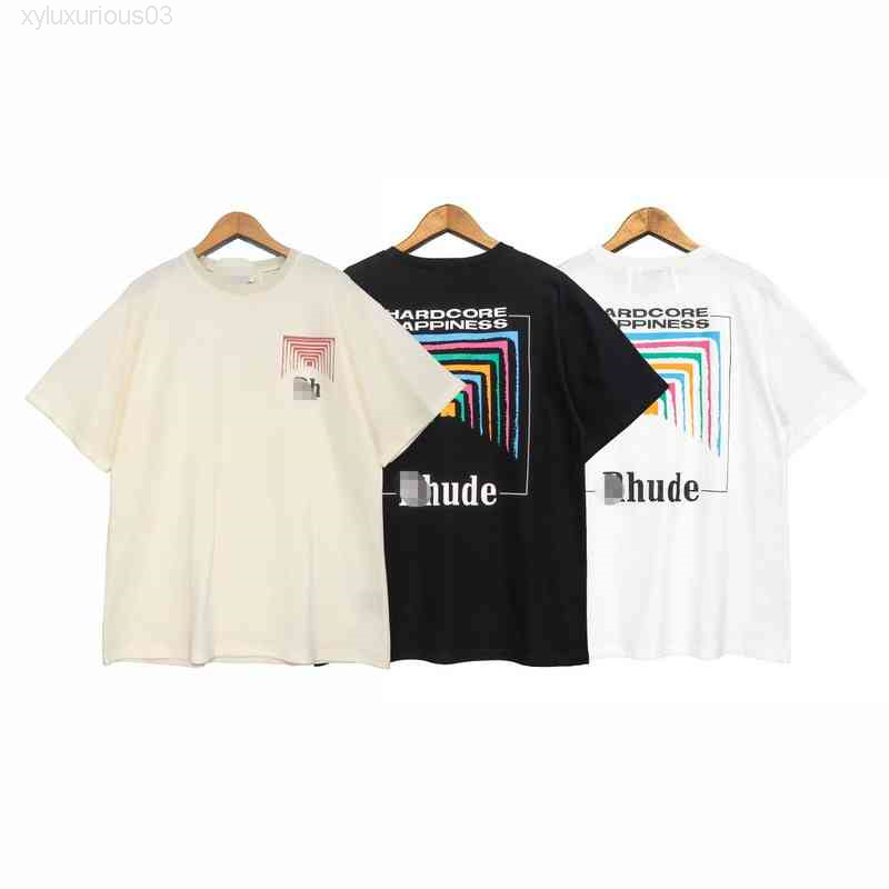 

Super Fire 2022 Summer Rhude Short Sleeve Cigarette Box Square Array Abstract Color Tunnel Printed Loose T-shirt T-shirts, White
