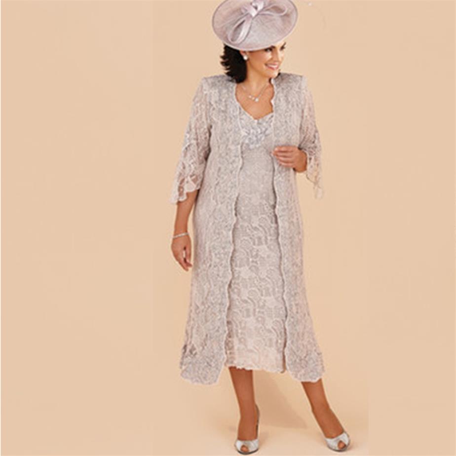 

2019 Lace Mother Of The Bride Dresses Suit Formal Wedding Party Dresses Long Jacket V-Neck Tea Length Plus Size Vintage239R