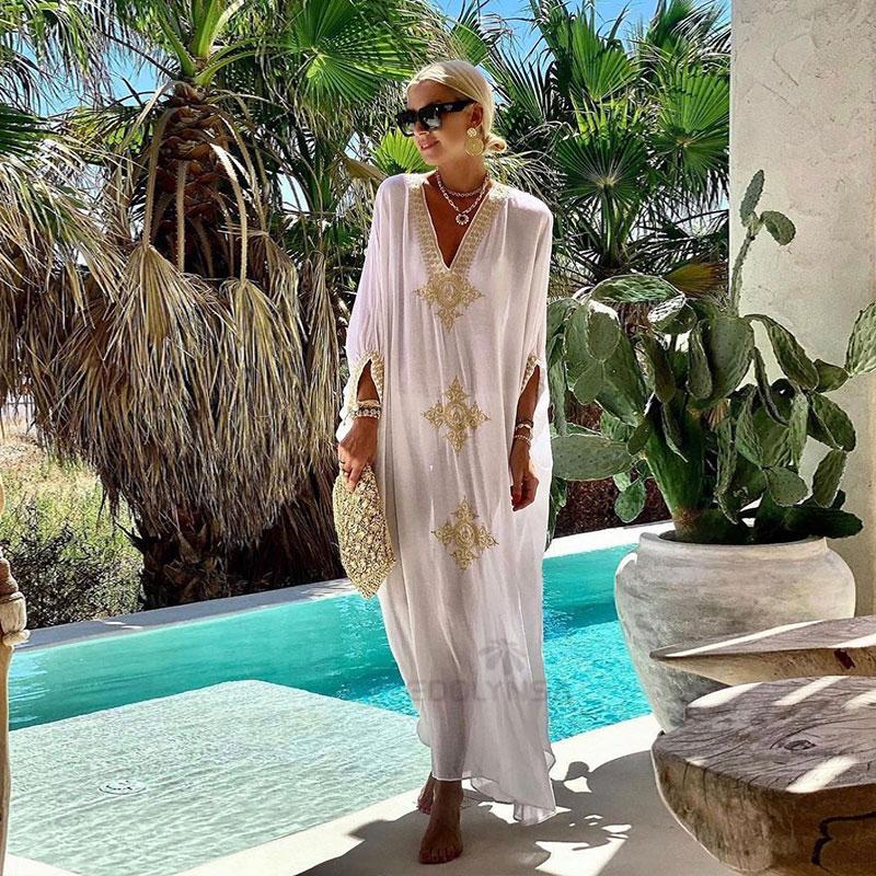 

Casual Dresses 2022 Elegant Gold Embroidered Kaftan Retro V-neck White Dress Plus Size Women Clothes Summer Beach Wear Swim Maxi N1373