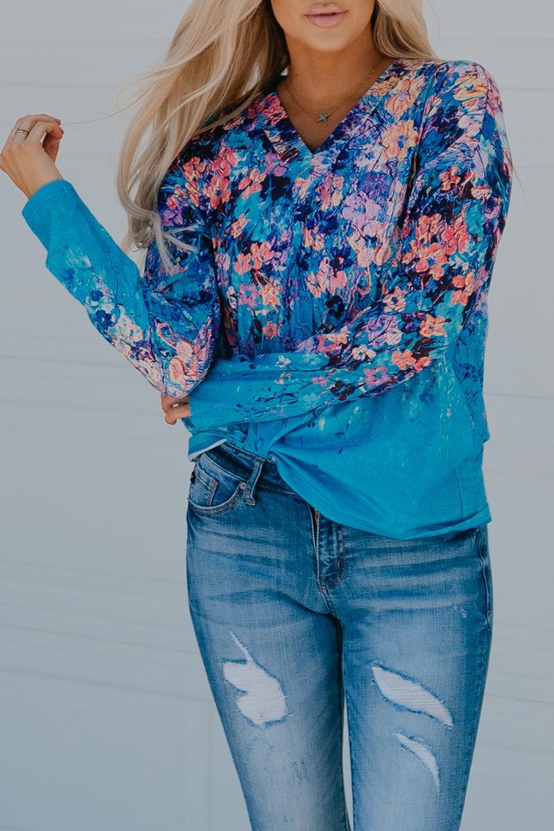 

Women' Blouses & Shirts Blue Floral Print V Neck Long Sleeve Top For WomenWomen