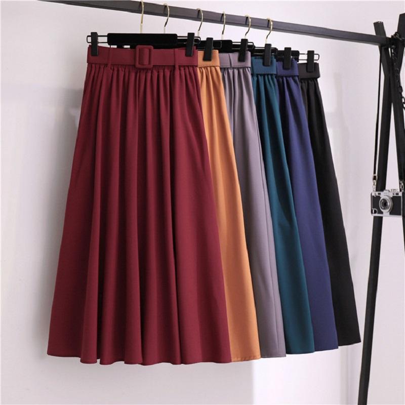 

Summer Women Skirt With Belt 2022 Classic Thin Solid Color High Waist Retro Loose Mid-length Office Lady Skirts, Dark-blue