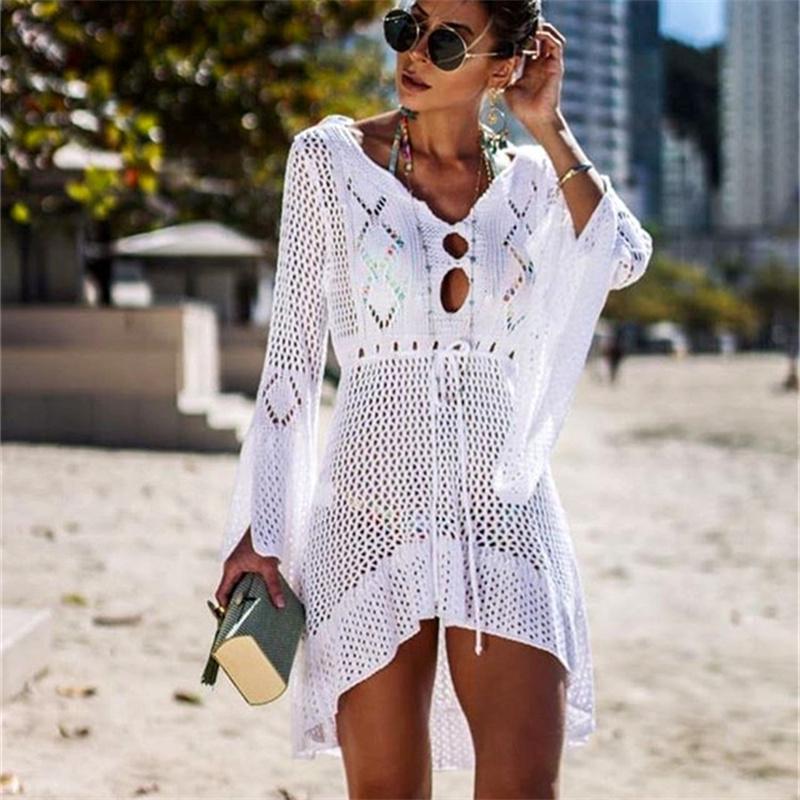 

Women' Swimwear Sexy Crochet Knitted Beach Cover Up Women Tassel Tie Beachwear Tunic Long Pareos Summer Swimsuit See-through Dress BikiniWo, Orange
