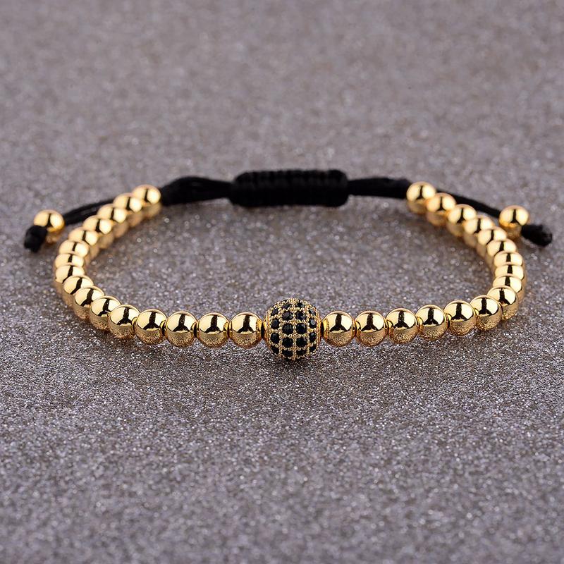 

Beaded Strands Round Shape CZ Ball Gold Bracelet Men 5mm Copper Beads Women's Macrame Jewelry Femme Handmade AB1245Beaded
