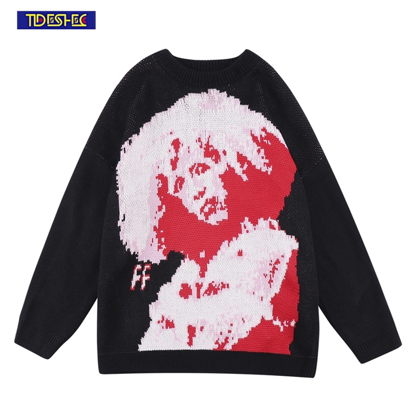 

Mens Autumn Casual Knitted Sweater Men Streetwear Portrait Printed Knit Pullover Sweaters Hip Hop Gothic Knitwear Sweater 220816, White