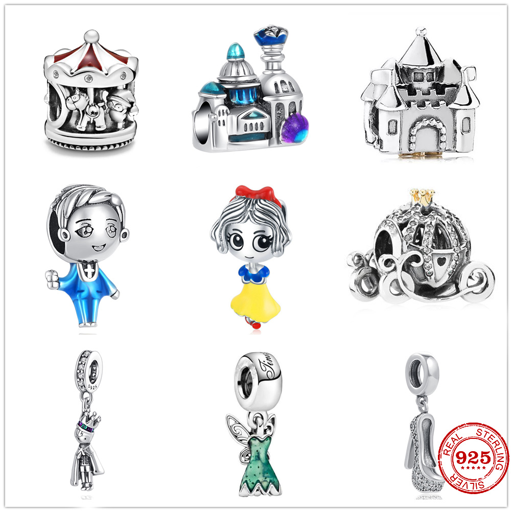 

925 Sterling Silver Dangle Charm Princess Prince Castle Carousel Beads Bead Fit Pandora Charms Bracelet DIY Jewelry Accessories