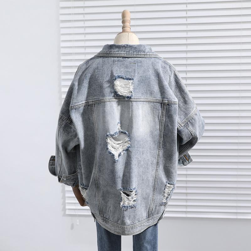 

Women's Jackets Vintage Mid-length Blue Hole Denim Women Loose Spring Autumn 2022 Korean Casual Harajuku Long Sleeve Jean JacketWomen's, Light blue