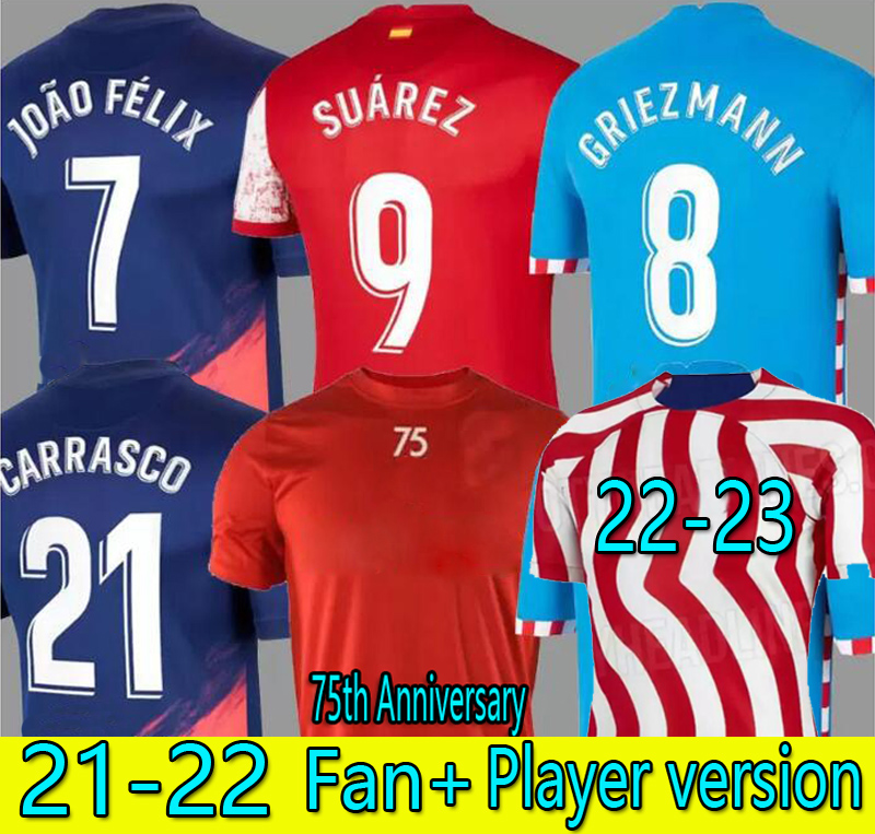 

Fan+Player Version 21 22 23 75th Anniversary SUAREZ Soccer Jerseys JOÃO FÉLIX 2022 2023 GRIEZMANN ATLETICO . LLORENTE CORREA MADRID CARRASCO home away Football Shirt, 21/22 3rd 1