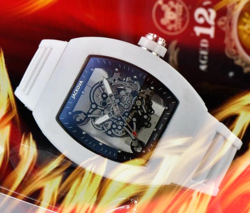 

Top Brand rubber silicone quartz fashion mens time clock watches 43mm auto date men dress hollow skeleton dial male Gift Clock All The Crime Wristwatch, As pic