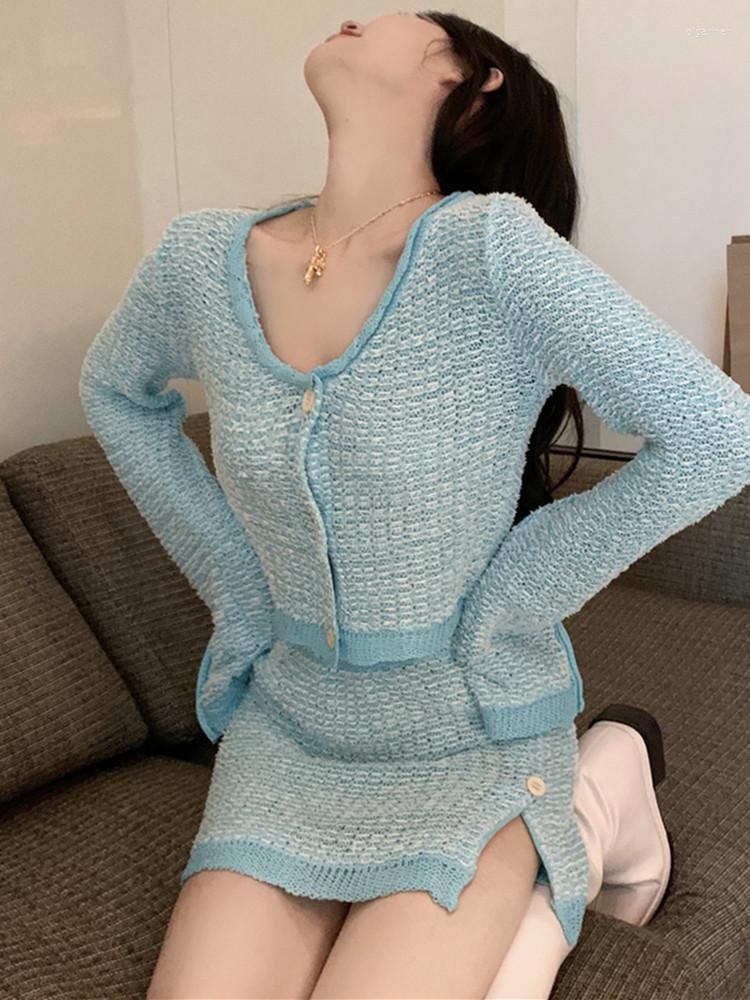 

Women' Knits & Tees Women' Cuffs Slit Blue Single Breasted Knitted Cardigan Long Sleeve V-neck Knitwear Sweater Cropped TopWomen' Olg, Skirt
