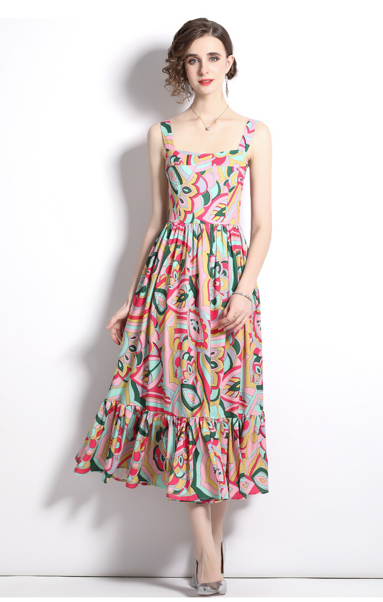 

JUNLINNA Designer Women Dresses Summer New Spaghetti Strap Wasit-closing Midi Expansion Vestidos Beach Holiday Printed, As picture