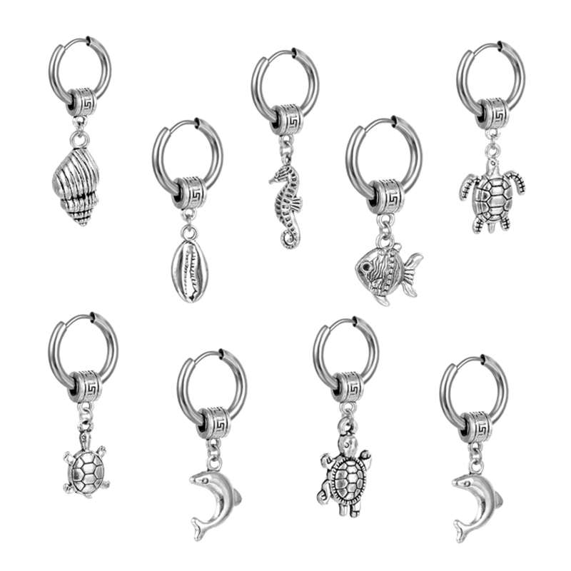 

316L Stainless Steel Dangle Tortoise Dolphin Body Ear Hoops Korean Rock Punk Dangling Hoop Earrings for Men and Women