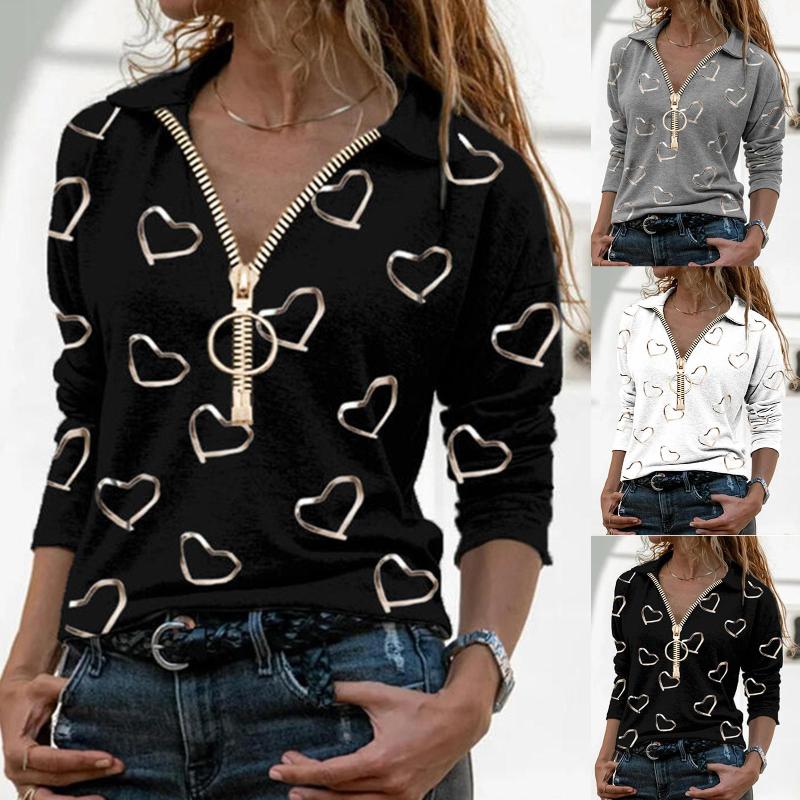 

Women' Blouses & Shirts Women Stylish Casual Zipper V Neck Heart Print Long Sleeve Sweatshirt Loose Blouse T-shirt Tops, Black