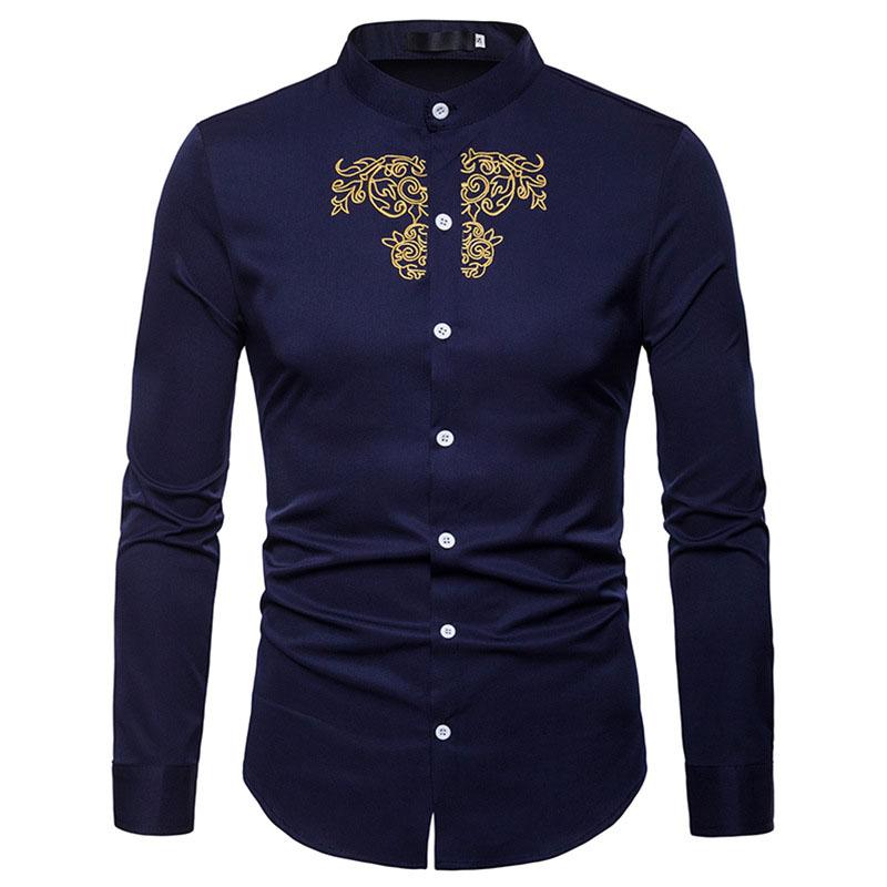 

Men' Casual Shirts Luxury Embroidery Henley Shirt Men Mandarin Collar Long Sleeve Dress Wedding Business Man, White