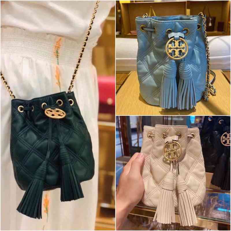 

Tote Bags Torys Burchs Us direct mail Fleming oil wax leather Lingge chain Mini bucket bag women's one shoulder messenger bag stock, Black