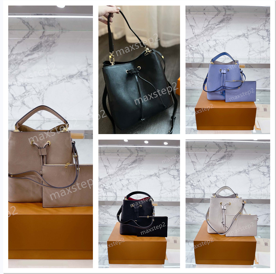 

M45497 Neo MM Bucket Bag Monograms Ladies Leather Cross Body Women Luxurys Designer Noe 2PC Drawstring Bags With Purse Wallet Black / Beige