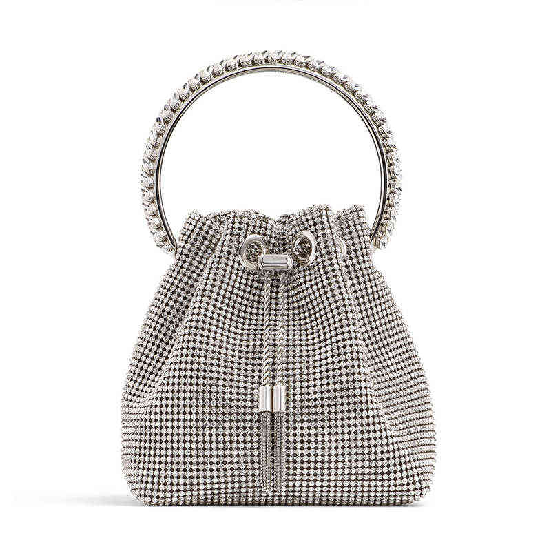 

Luxury Diamonds Evening Bag Designer Crystal Mesh Bucket Handbags Rhinestones Chains Shoulder Crossbody Bags Small Party Purses G220429, Green pu