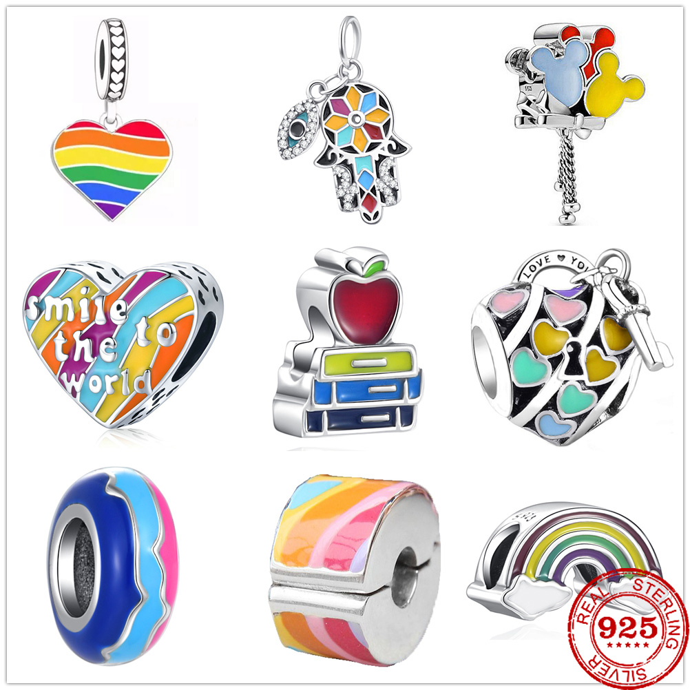 925 perles de charme en argent balancent arc-en-ciel coeur serrure pomme pendentif bricolage fine perle Fit Pandora bracelet à breloques bijoux à