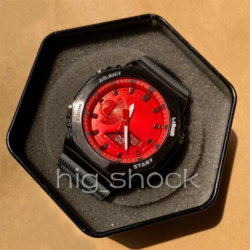 

item 2100 quality metal watch New fashion relogio masculino waterproof men's wristwatch Sport dual display GMT Digital LE266O281a, Black blue no box