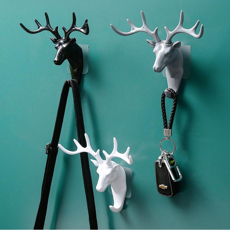 

Hooks & Rails Wall Hanger Hook Self Adhesive For Hanging Clothes Hat Key Holder Deer Horns Rack Decoration