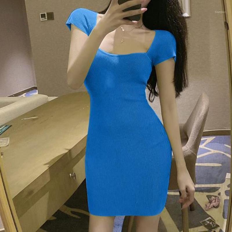 

Casual Dresses Sexy Short Sleeve Square Collar Women Hip-wrapped Dress Mini Party Club Bodycon Knitted Solid Wrap Slim, Black