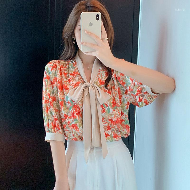

Women' Blouses & Shirts Chiffon 2022 Summer Office Lady Fashion Bow Lace-Up V-Neck Flower Print Shirt Korean Tops, Red flowers