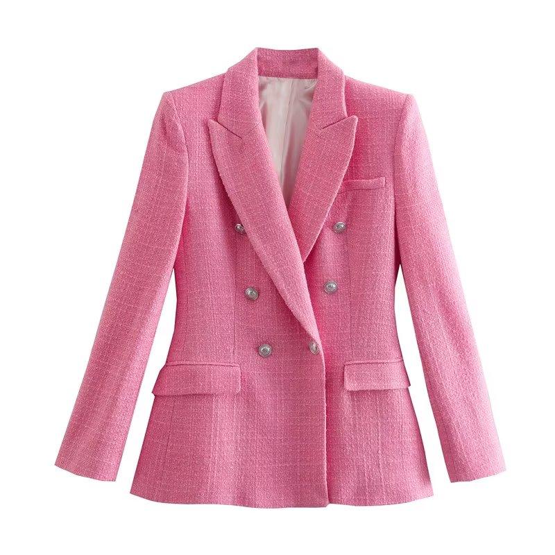 

Women's Suits & Blazers Jacket Women 2022 Fall Fashion Slim Double Breasted V-Neck Ladies Suit Coat Elegant Chic Warm Pink WomenWomen's