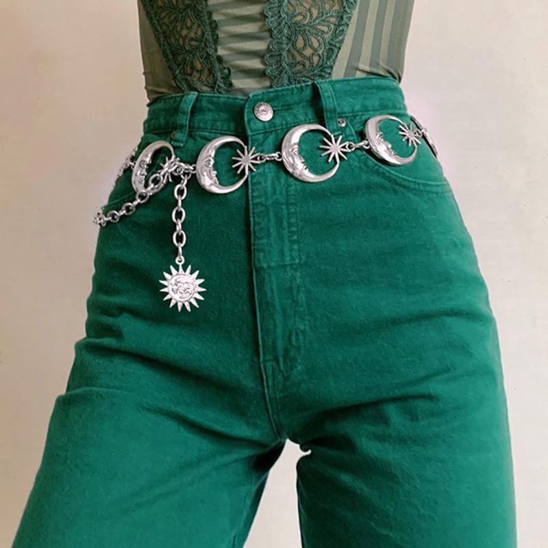 

Belts Beach Belt Hip Metal Women Sun High Punk Waist Hop Vintage Gothic Moon PantsBelts, Silver