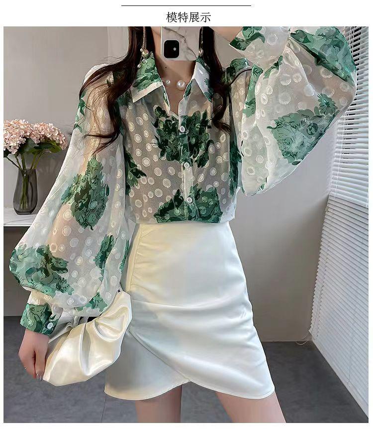 

Women's Blouses & Shirts Loose Lantern Sleeve Embroidered Shirt Women 2022 Summer Fashion Lapel Long Floral Top Office Chic Chiffon WomenWom, Pink shirt