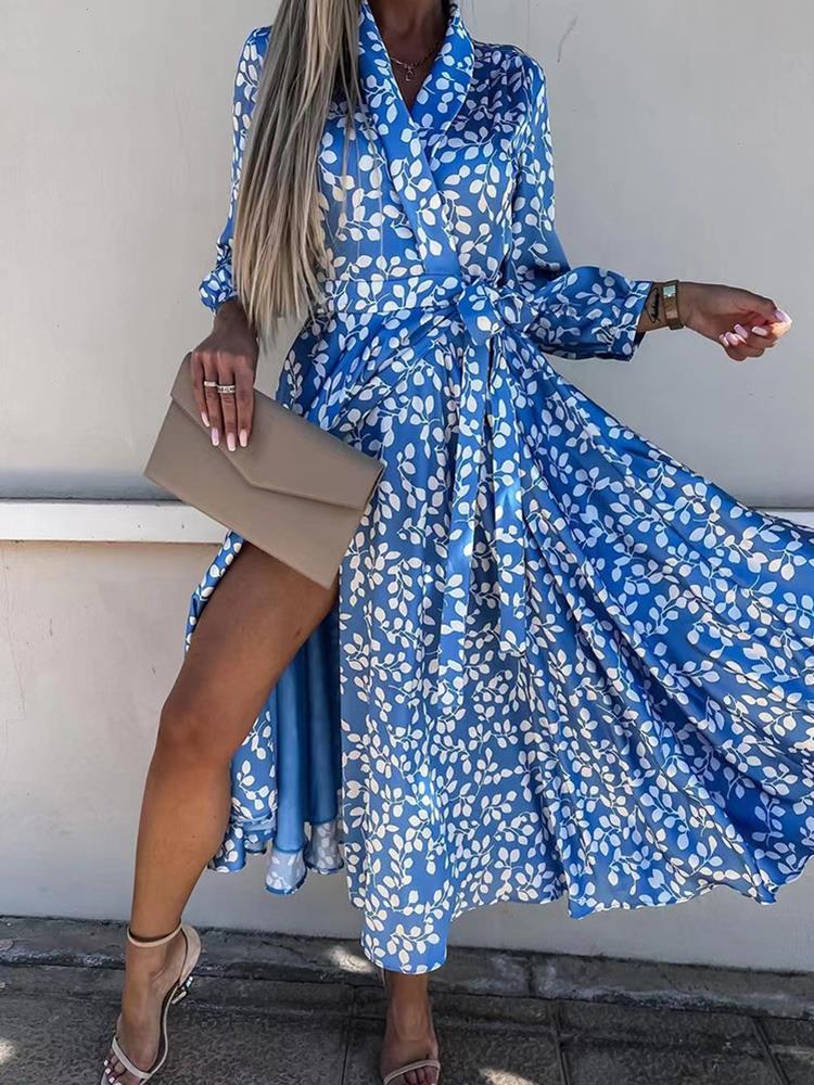 

Spring Autumn Women Printing V-neck Lace-up Party Dress Sweet Split Long Sleeve Ladies Simple Streetwear Dropshipping, 01 green