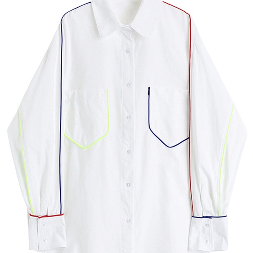 

[EAM] Women White Contrast Color Big Size Blouse Lapel Long Sleeve Loose Fit Shirt Fashion Spring Autumn 1DD5268 220407