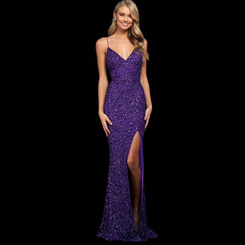 2022 robes de bal A-ligne longues paillettes SatinTulle étage longueur licou avec cristaux fermeture éclair dos robes de bal sur mesure robes de