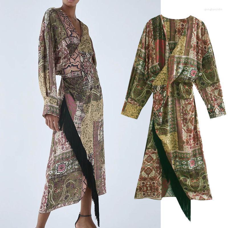 

Casual Dresses 2022 Autumn Women Vintage Print Wrapped Long Dress Chic Female Speaker Sleeve Slim Sheath Sexy Tassel