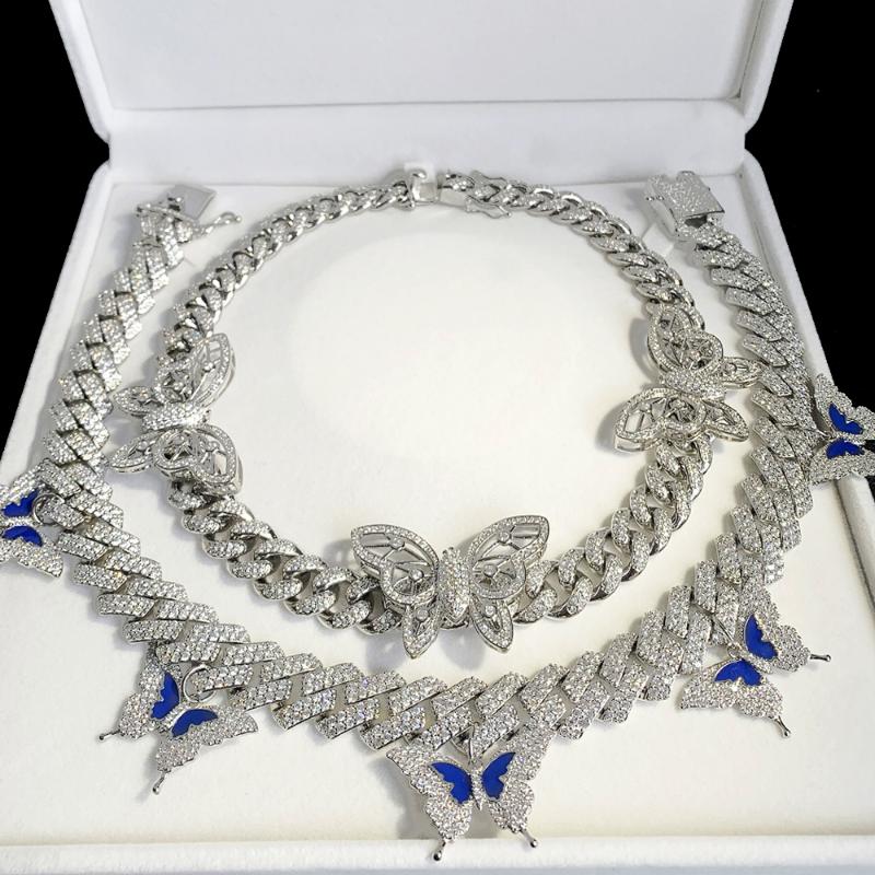 

Chains Arrived Iced Out Miami Cuban Hip Hop Enamel Blue Butterfly Necklace With Bling 5A Cz Women Fashion Heavy Party JewelryChains