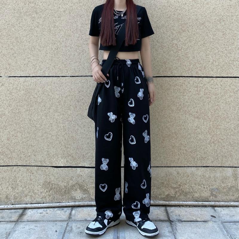 

Women's Pants & Capris Female Ins Japanese Cartoon Printing Trousers High Waist Black Straight Male Couple Loose Bf Wide Leg PantsWomen's