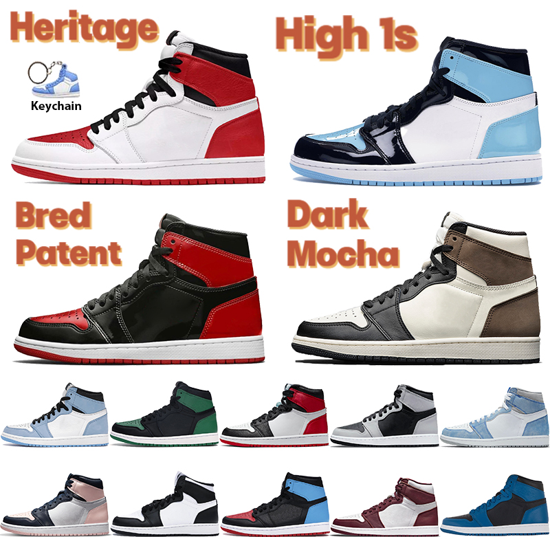 

High 1 Basketball Shoes 1s Sneakers Bred Patent Men Women Sports Trainers UNC Heritage Dark Mocha Satin Black Toe Hyper Royal Mens Chaussures, Shoe box