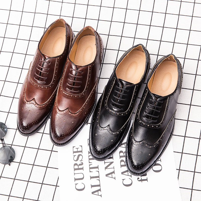 

New Casual Fashion Men Shoes PU Square Head Trend British Brown Lace-up Business Formal Dress Brogue Carved Leather Shoes CP180, Clear