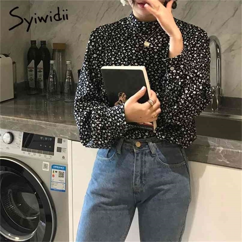 

Floral Blouse Women Long Sleeve Top Chiffon Plus Size Fall Spring Summer Elegantes Shirts Fashion O-Neck Black 210607