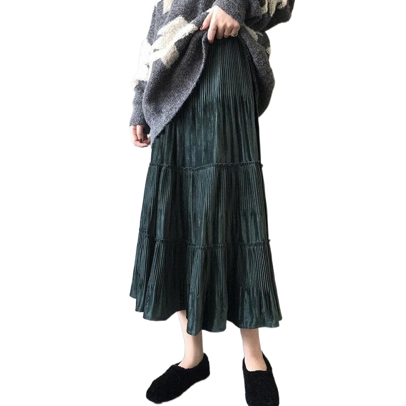korean Skirt 2022 Autumn Winter Golden Velvet Ruffles Pleated Women's Clothing High-Waist Warm Long A- Line Skirts Womens i5OR#-image-790122035