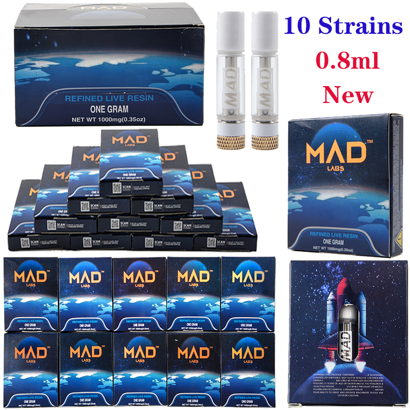 

New Packaging 10 Strains MAD Labs 2ND Atomizers Vape Cartridges 0.8ml Ceramic Coil Dab Wax Glass Tank Gold Thick Carts 510 Thread Atomizer Empty Vapes Pen E Cigarettes