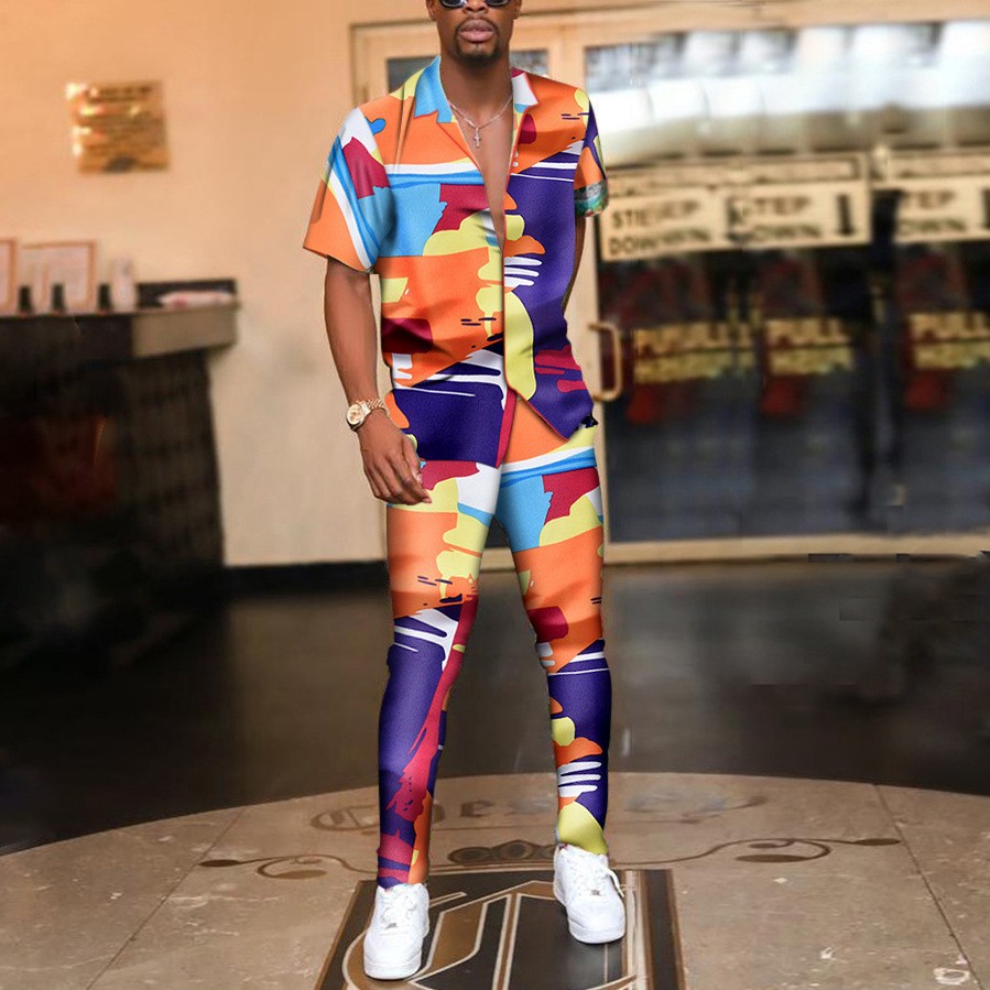 fashion print Tracksuits short Sleeve Loose Suits Pant Set Party Tracksuit men Summer Hawaii Outfits Two Piece Dress Trousers Suit leisure pants-image-773282304