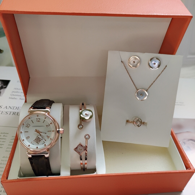 

Women Luxury Jewelry Designer Watches 5pcs Sets Titanium Steel Rings Necklaces Earrings Bracelets Lady Leather Quartz Wristwatches With Box Gift, Customize