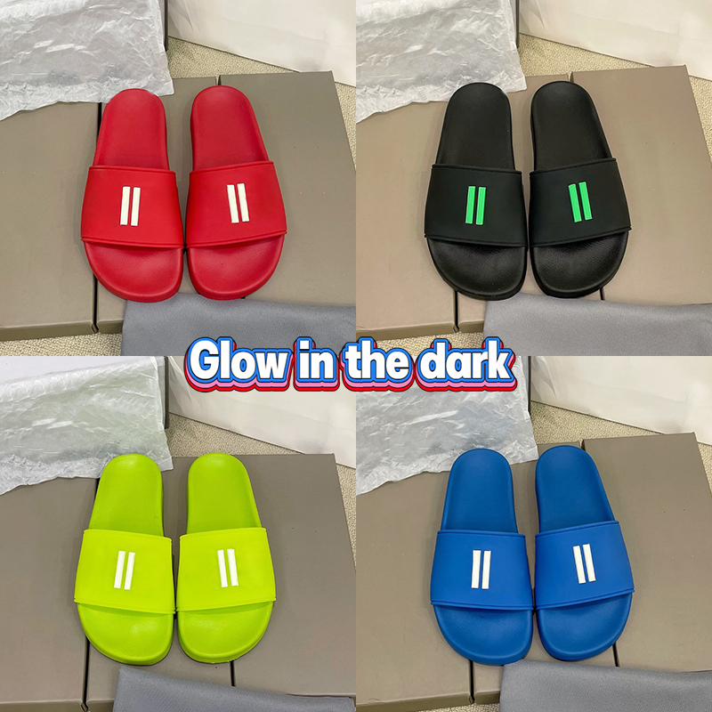 

With box pool slide Glow In the Dark Slippers luxury Slides men women shoes grey red black white pink blue fluo yellow green Summer Beach flat mens Sandals sneakers, Double box