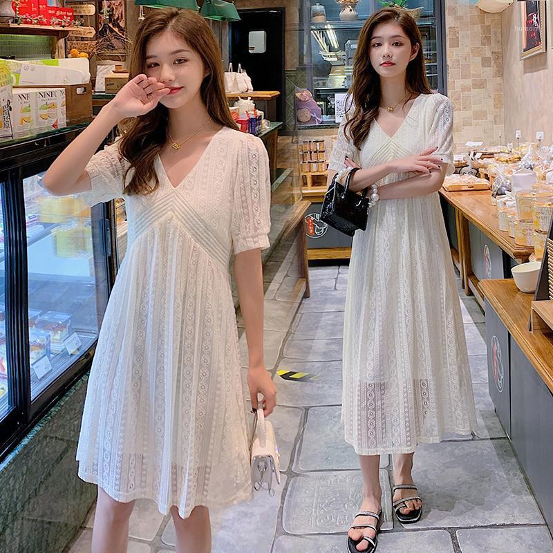 Maternity Dresses 395# Dress Summer Short Sleeves Sweet Lace V Neck Loose Fashion Plus Size Midi Pregnant Women-image-760624674