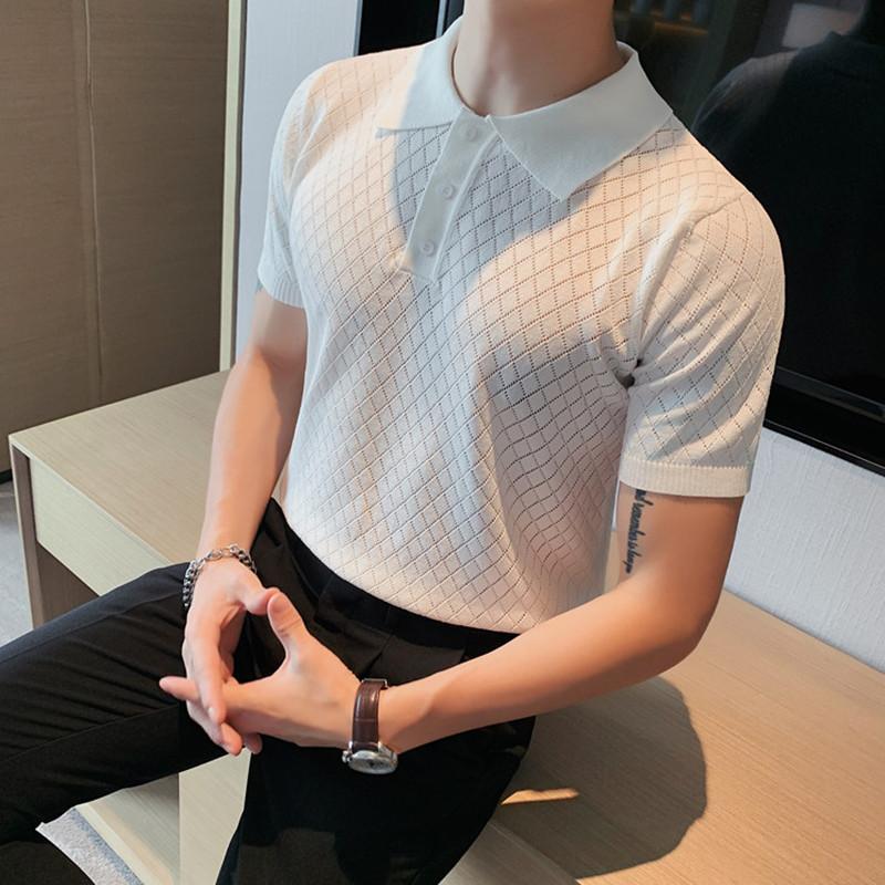 

Men's T-Shirts Business Shirt Summer Hollow Short Sleeve Tops Casual Clothes Turn Down Collar Slim Fit Lapel T-shirt For MenMen's Men'sMen's, Green