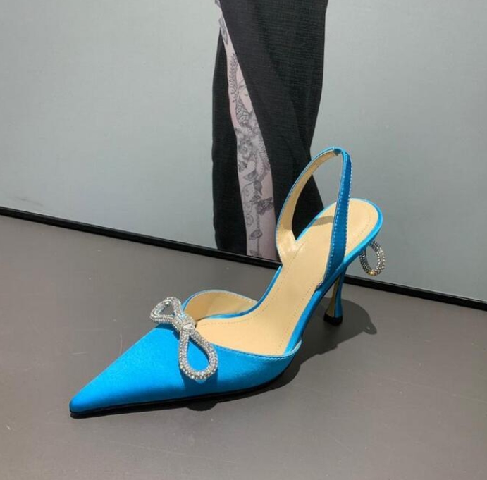 

Fashion Womens pumps Sandal Crystal-Embellished Double bow silk-sati Pump shoes spool Hangisi high Heels sandals women's brand 2022 shoes